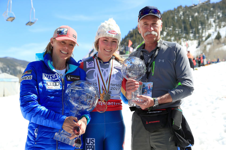 Eileen Shiffrin, Mikaela Shiffrin and Jeff Shiffrin pose with the globes for being awarded the overall season ladies' champion and lasies' season slalom champion at the 2017 Audi FIS Ski World Cup Finals at Aspen Mountain on March 19, 2017 in Aspen, Colorado.  (Photo by Tom Pennington/Getty Images)