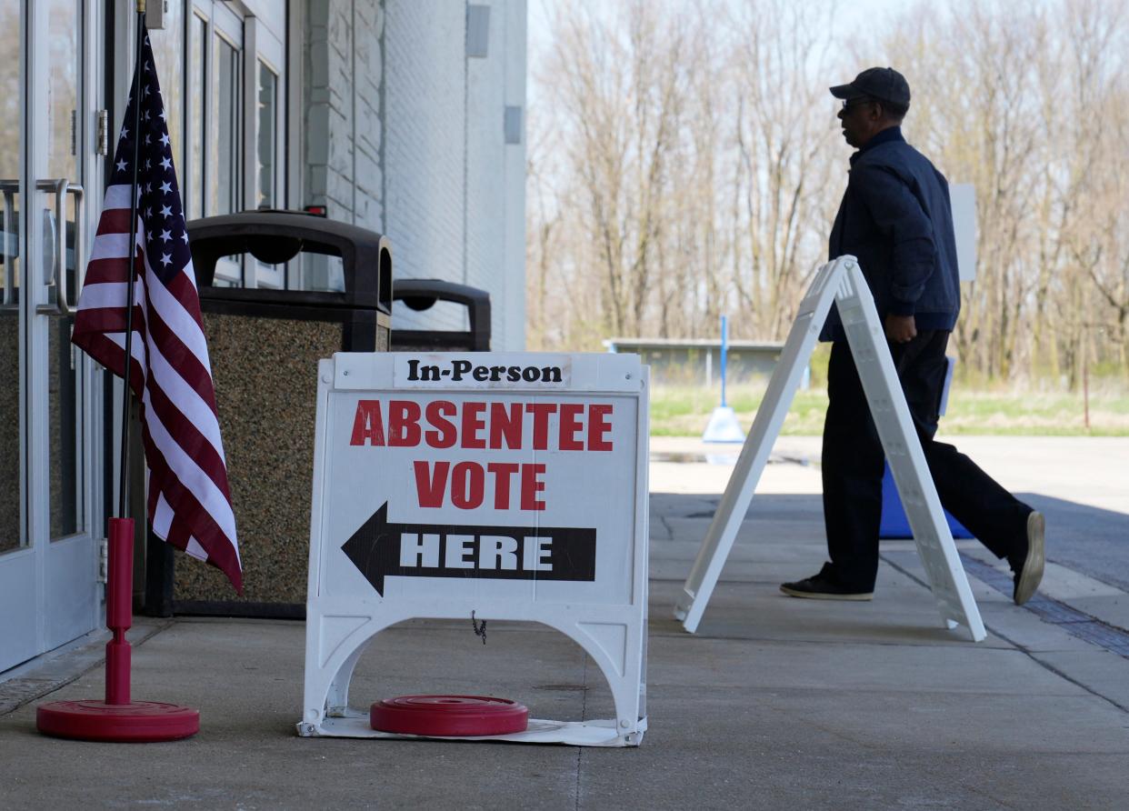 A man walks into a training for poll workers at the Delaware County Board of Elections in April.