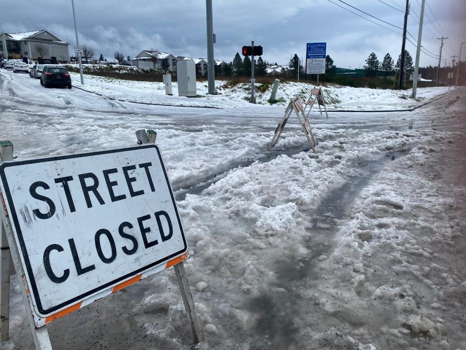 The intersection of Madras St SE and Commercial Street SE to Blue River Rd SE is closed amid icy weather conditions on Wednesday, Jan. 17 in Salem, Ore.