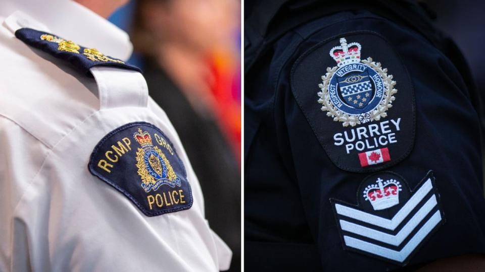 A composite of an RCMP shoulder badge and a Surrey Police Service badge.