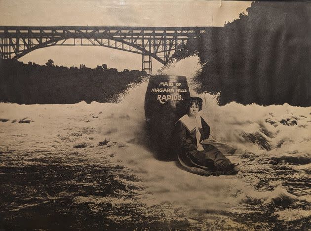 An untitled black & white collaged photograph of Martha Wagenfuhrer. In 1901, she became the first woman to go through the rapids and Niagara Whirlpool in a barrel, according to the Castellani Art Museum of Niagara University.