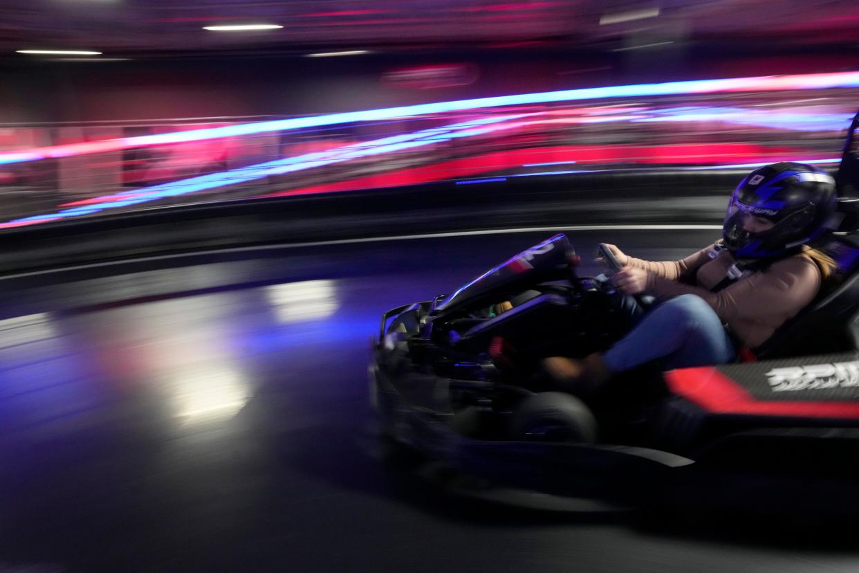 A driver takes a turn at RPM Raceway, in Jersey City. Monday, February 6, 2023.