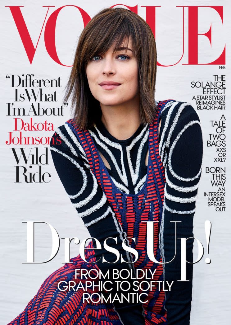 Dakota Johnson graces the February 2017 cover of <em>Vogue</em> and talks about nudity and body confidence. (Photo: Patrick Demarchelier/Vogue)