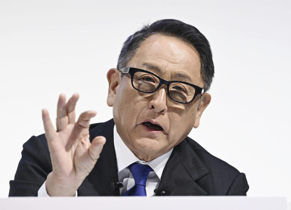 FILE - Toyota Chairman Akio Toyoda speaks during a news conference in Tokyo, June 3, 2024. Toyoda will be facing some disgruntled shareholders at the annual shareholders meeting on June 18, as two major proxy groups demand a vote against keeping the grandson of the founder on its board. (Kazushi Kurihara/Kyodo News via AP, File)
