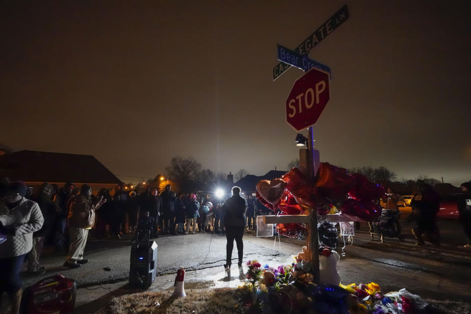 FILE - Pastor Monica of the Devine Life Church speaks at a prayer gathering Jan. 30, 2023, at the site where Tyre Nichols was beaten by Memphis police officers, and later died from his injuries, in Memphis, Tenn. Nichols' loved ones will gather Jan. 7, 2024, near the site of his fatal beating to remember his life one year later. Police cameras captured the beating of Nichols after a traffic stop on Jan. 7, 2022. The 29-year-old skateboarder and amateur photographer died three days later in a hospital. (AP Photo/Gerald Herbert, File)