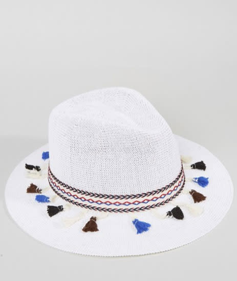 <p>White straw fedora hat with Aztec tassel trim, £14, <a rel="nofollow noopener" href="http://www.asos.com/asos/asos-white-straw-fedora-hat-with-aztec-tassel-trim/prd/7593050?iid=7593050&clr=White&SearchQuery=tassel&pgesize=36&pge=0&totalstyles=128&gridsize=3&gridrow=9&gridcolumn=3" target="_blank" data-ylk="slk:ASOS;elm:context_link;itc:0;sec:content-canvas" class="link ">ASOS</a></p>