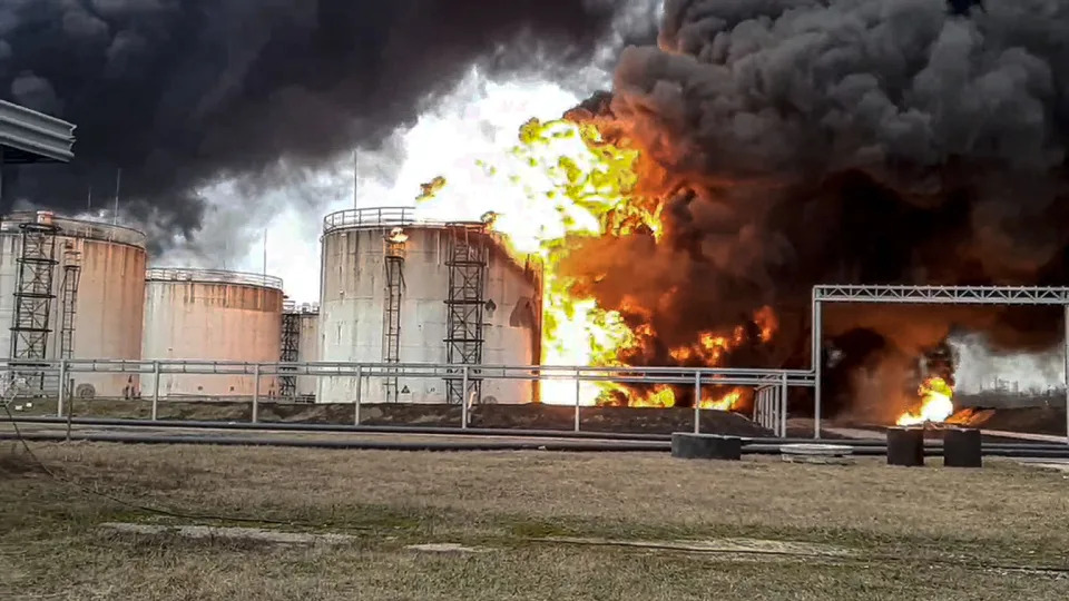 An oil depot on fire.