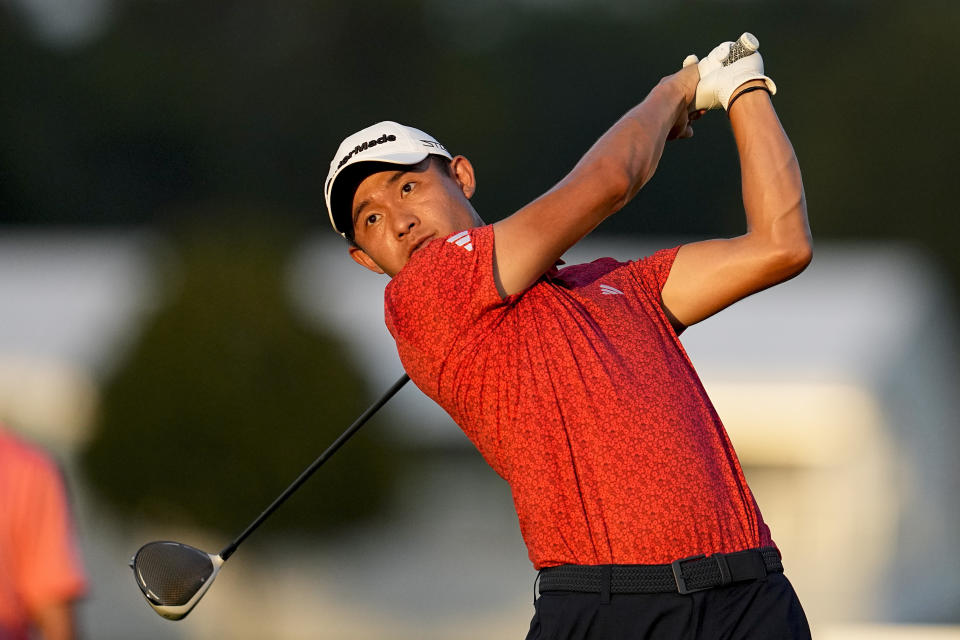 FILE - Collin Morikawa hits from the 16th tee during the third round of the Tour Championship golf tournament on Aug. 26, 2023, in Atlanta. Morikawa's last PGA Tour victory was the British Open in 2021, but his 6-under 64 on Thursday, Oct. 19, to lead Zozo Championship after the first round suggests the end of the American's mini slump might be in sight. (AP Photo/Mike Stewart, File)