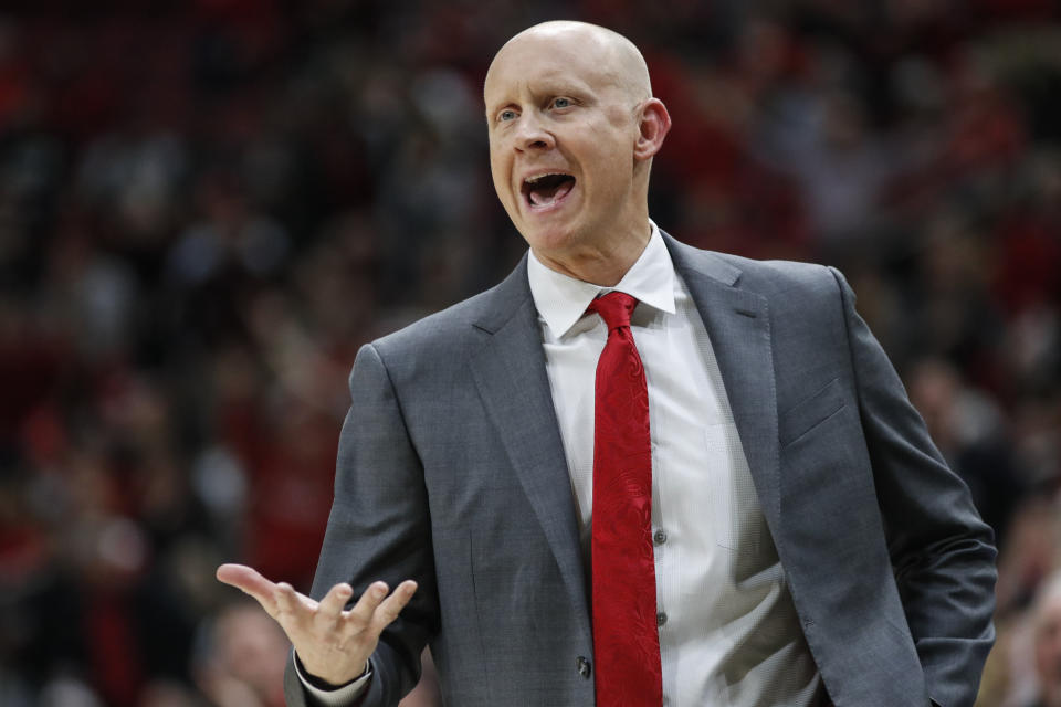 Louisville head coach Chris Mack reacts to a call during the second half of the team's NCAA college basketball game against Wake Forest on Wednesday, Feb. 5, 2020, in Louisville, Ky. Louisville won 86-76. (AP Photo/Wade Payne)