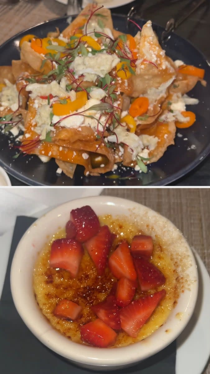 A plate of nachos topped with various garnishes and a bowl of crème brûlée topped with sliced strawberries