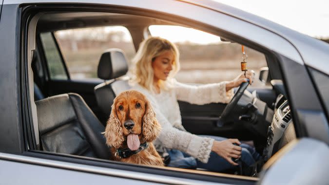 Young woman and her dog in car.