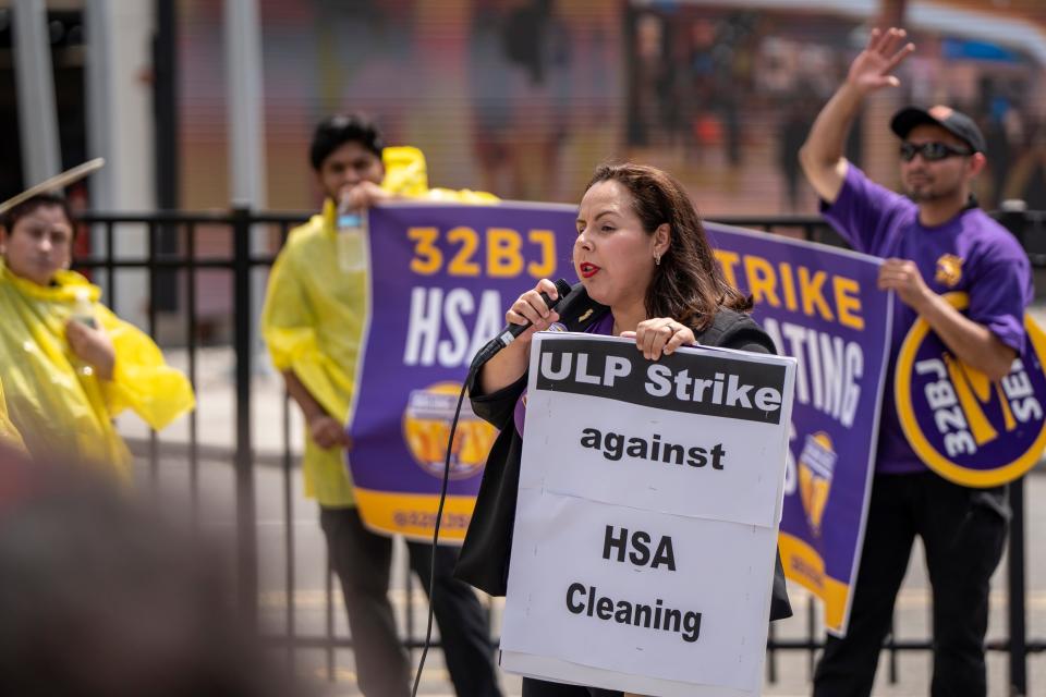 Ana Maria Hill, the NJ Janitorial Director for the Local 32BJ union, speaks during a rally at American Dream Mall on Saturday August 12, 2023. Workers for HSA Cleaning Inc., a contractor responsible for cleaning American Dream Mall, and SEIU Local 32BJ hold a rally to strike.