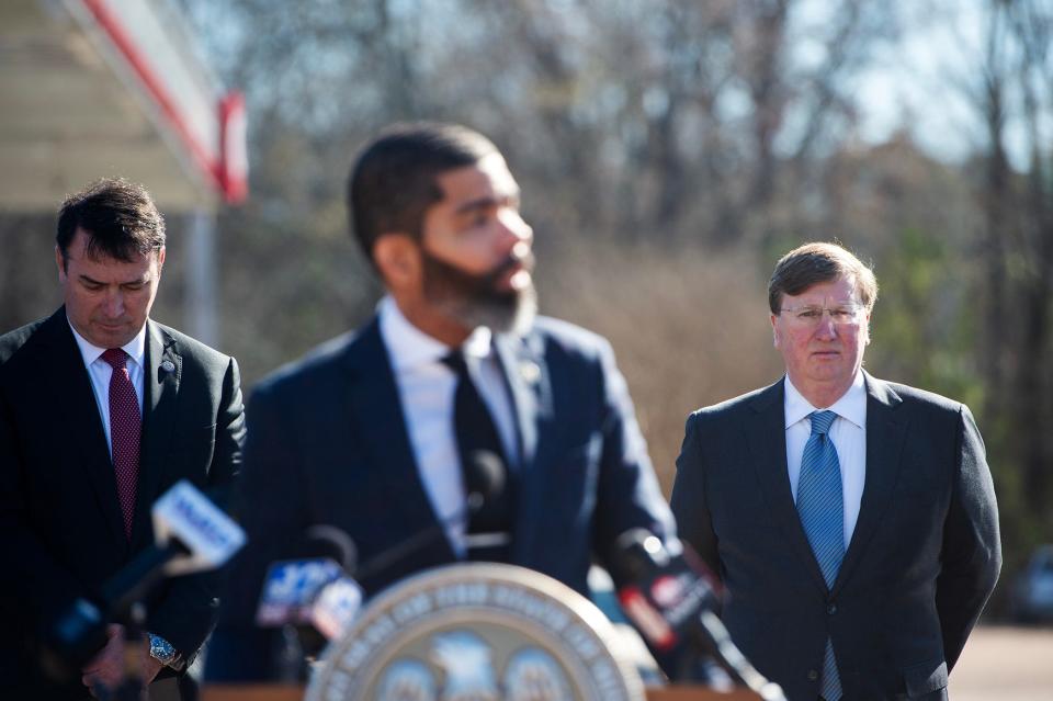 Gov. Tate Reeves listens as Jackson Mayor Chokwe Antar Lumumba speaks during a press conference regarding Unified, a public safety initiative on Feb. 13, 2024 in Jackson. Even though no legislation directly impacting Jackson will be passed this year, state lawmakers and local leaders are still at odds over several bills moved by the Legislature to take a heavier hand in the city's development.