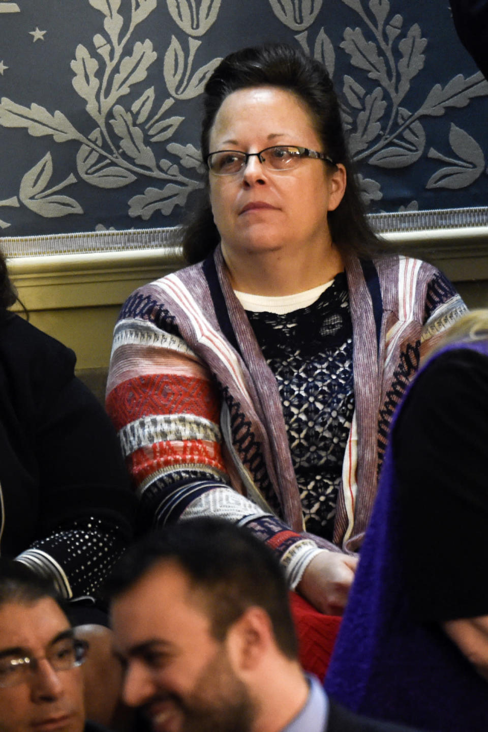 Kim Davis wearing a Cosby sweater plucked from the Goodwill bin at the State of the Union address Tuesday night.