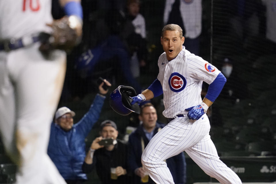 Chicago Cubs' Anthony Rizzo reacts after driving in the winning run against the Los Angeles Dodgers during the 11th inning of a baseball game in Chicago, Wednesday, May 5, 2021. The Cubs won 6-5. (AP Photo/Nam Y. Huh)