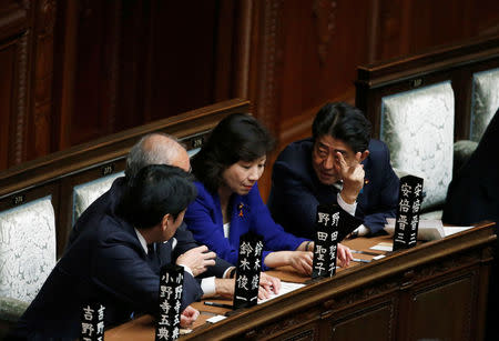 Japan's Prime Minister Shinzo Abe talks with ruling Liberal Democratic Party lawmakers at the Lower House of the Parliament in Tokyo, Japan, November 1, 2017. REUTERS/Toru Hanai