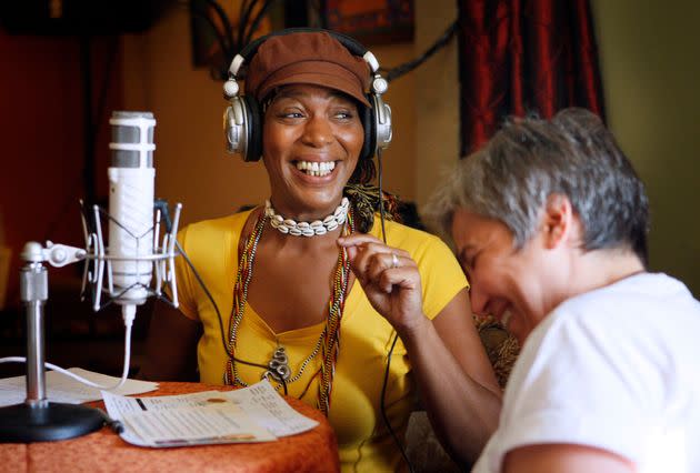 Harris at her Lake Worth, Florida, home on Feb. 24, 2009, where she lives and has an internet radio show for which she is shown interviewing Patti Luica.