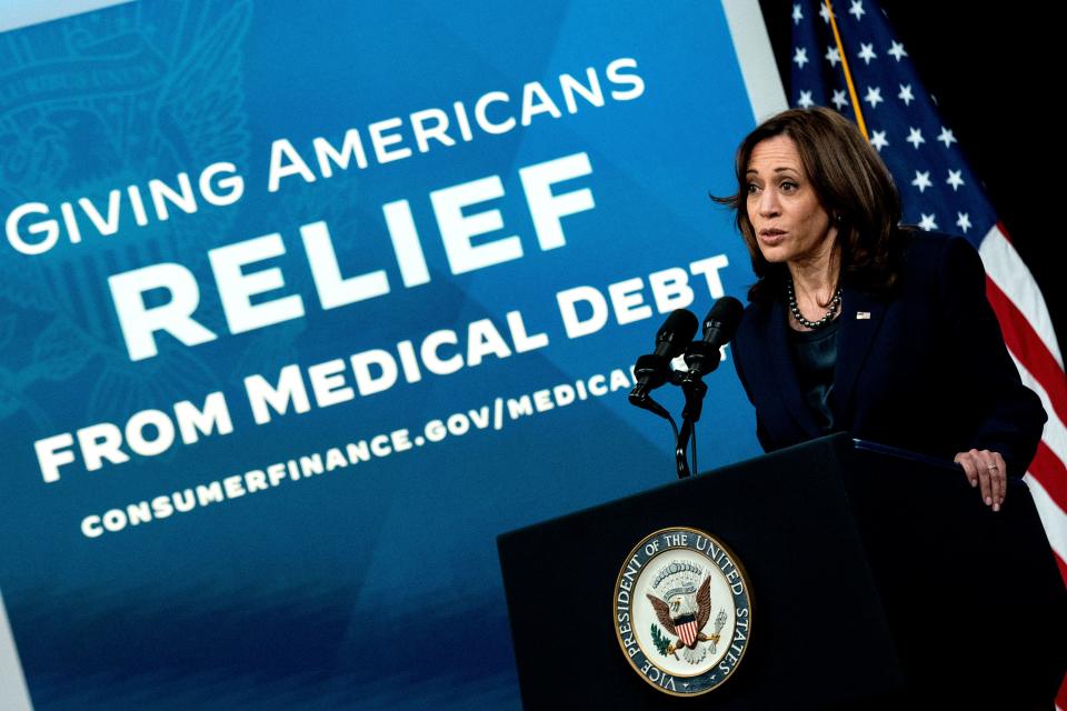 Vice President Kamala Harris delivers remarks on medical debt relief at an event in the South Courtyard Auditorium of the Eisenhower Executive Office Building, April 11, 2022. (Photo by Stefani Reynolds/AFP) 