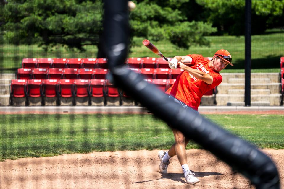 Colton DeRocher practices batting at the Central College baseball field on Wednesday, July 19, 2023 in Pella.