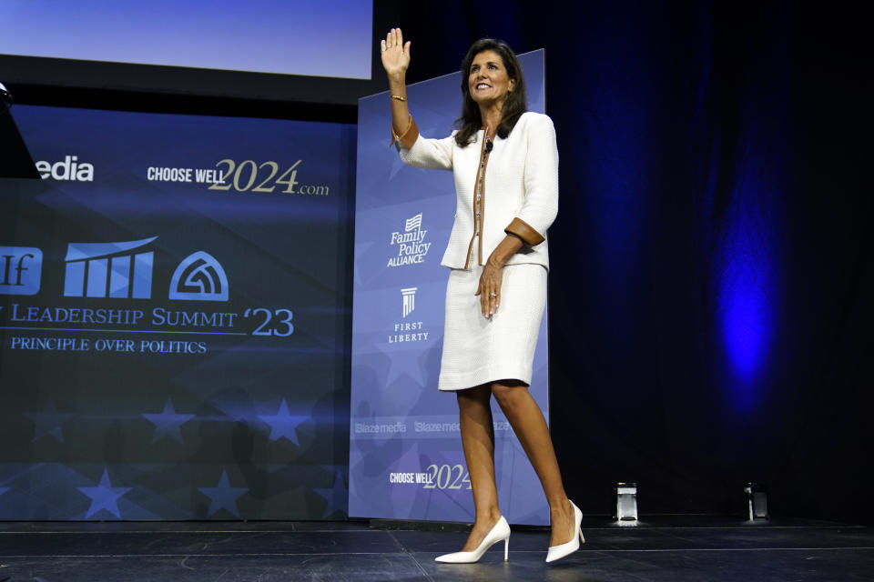 Republican presidential candidate former U.N. Ambassador Nikki Haley walks on stage during the Family Leadership Summit, Friday, July 14, 2023, in Des Moines, Iowa. (AP Photo/Charlie Neibergall)