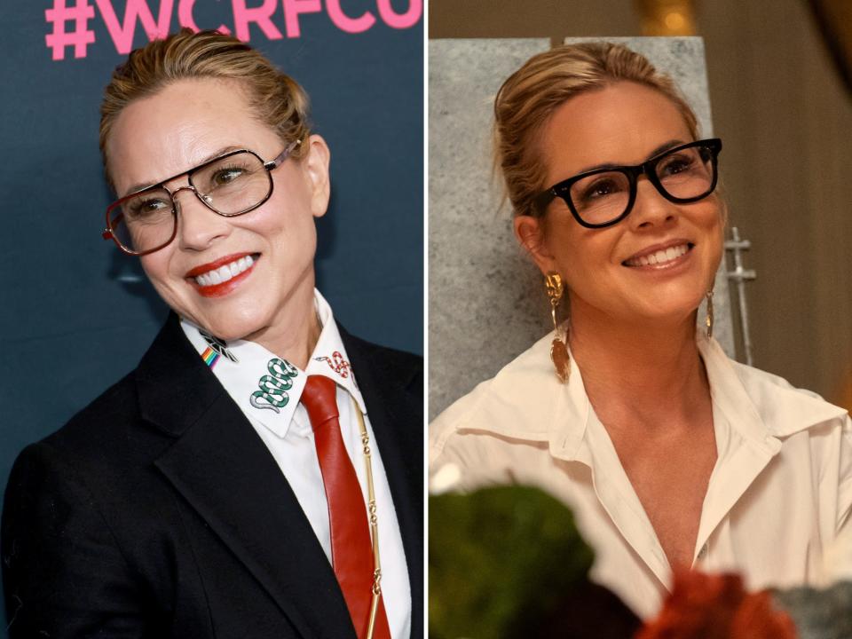left: maria bello on a red carpet, wearing a white shirt, suit jacket, and tie; right: maria bello as jordan in beef, wearing a white shirt and smiling