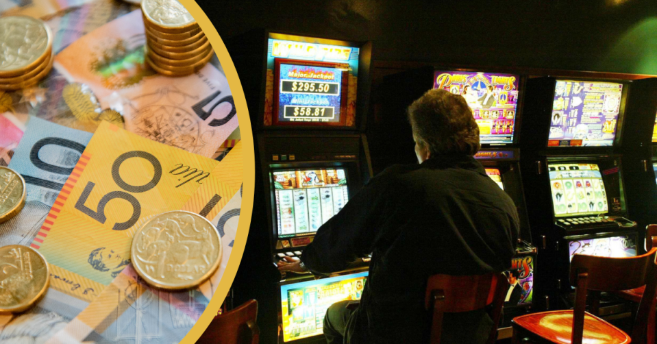 Australian currency and a man sitting in a dark gaming room playing on a Poker machine.