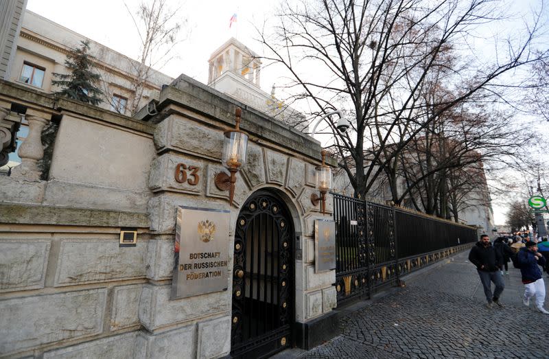 A general view shows the Russian embassy after Germany expelled two Russian diplomats in Berlin