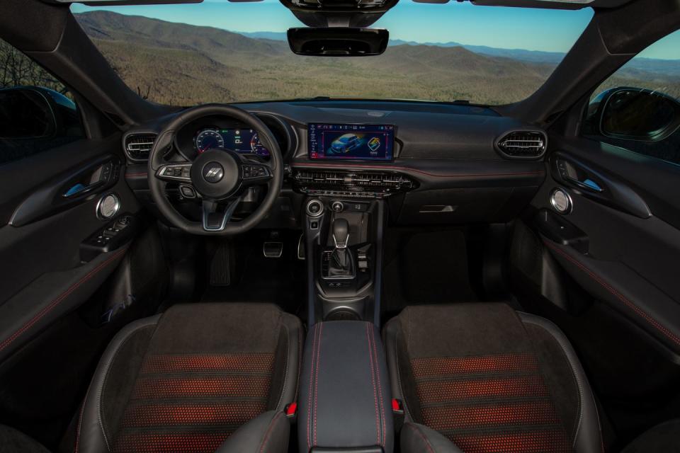 <p>The "red crust" Alcantara upholstery is part of the Track Pack. Red leather is also available.</p>