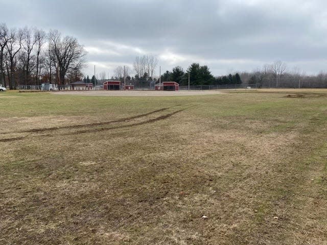 The under-14 field at Bates Scout Park in Laingsburg on Dec. 31, 2022, after a vehicle damaged the recently renovated facility.