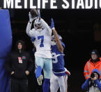 Dallas Cowboys cornerback Trevon Diggs intercepts a pass intended for New York Giants wide receiver Kenny Golladay in the fourth quarter of an NFL football game, Sunday, Dec. 19, 2021, in East Rutherford, N.J. (Jose Yau/Waco Tribune-Herald via AP)