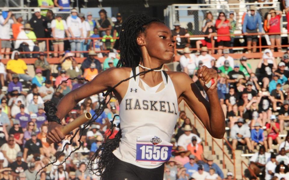 Haskell's Lanayah Green runs the 800 relay at the state track and field meet in Austin on Friday, May 13, 2022.