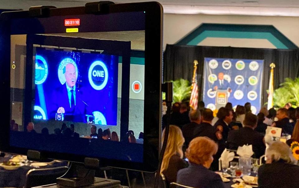 Fresno Mayor Jerry Dyer addresses a sellout audience at the Fresno Chamber of Commerce’s 2023 State of the City event on Wednesday, May 24, 2023, at the Fresno Convention Center.