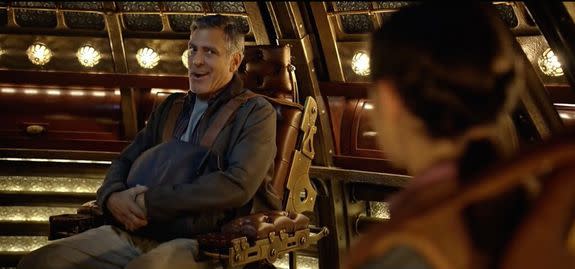 Frank Walker (George Clooney) inside a lavish 1920's-style rocket capsule in the new Disney movie, "Tomorrowland."