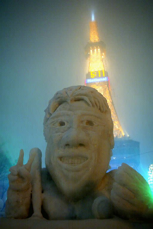 A snow sculpture of New York Yankee outfielder Hideki Matsui is seen at the Sapporo Snow Festival in 2004 in Sapporo, Japan.
