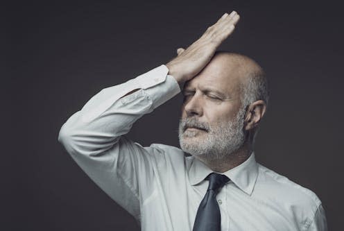 <span class="attribution"><a class="link " href="https://www.shutterstock.com/image-photo/disappointed-businessman-touching-his-forehead-he-1826724452" rel="nofollow noopener" target="_blank" data-ylk="slk:Stokkete/Shutterstock;elm:context_link;itc:0;sec:content-canvas">Stokkete/Shutterstock</a></span>