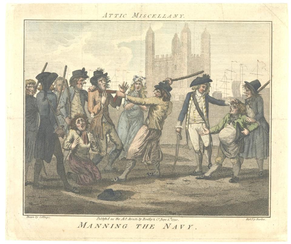 The navy sent gangs of toughs into port cities to capture men and force them to enlist. The perfect mark was someone with previous sailing experience on merchant ships or fishing vessels. Etching by John Barlow after Samuel Collings, 1790. (Royal Museums Greenwich)
