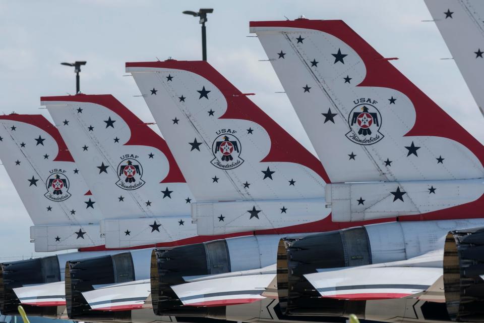 The Thunderbirds are parked on the tarmac at the 128th Air Refueling Wing National Guard base in Milwaukee on Thursday, July 25, 2024.