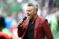 <p>Robbie Williams at the 2018 FIFA World Cup opening ceremony at Luzhniki Stadium on June 14, 2018 in Moscow, Russia. </p>