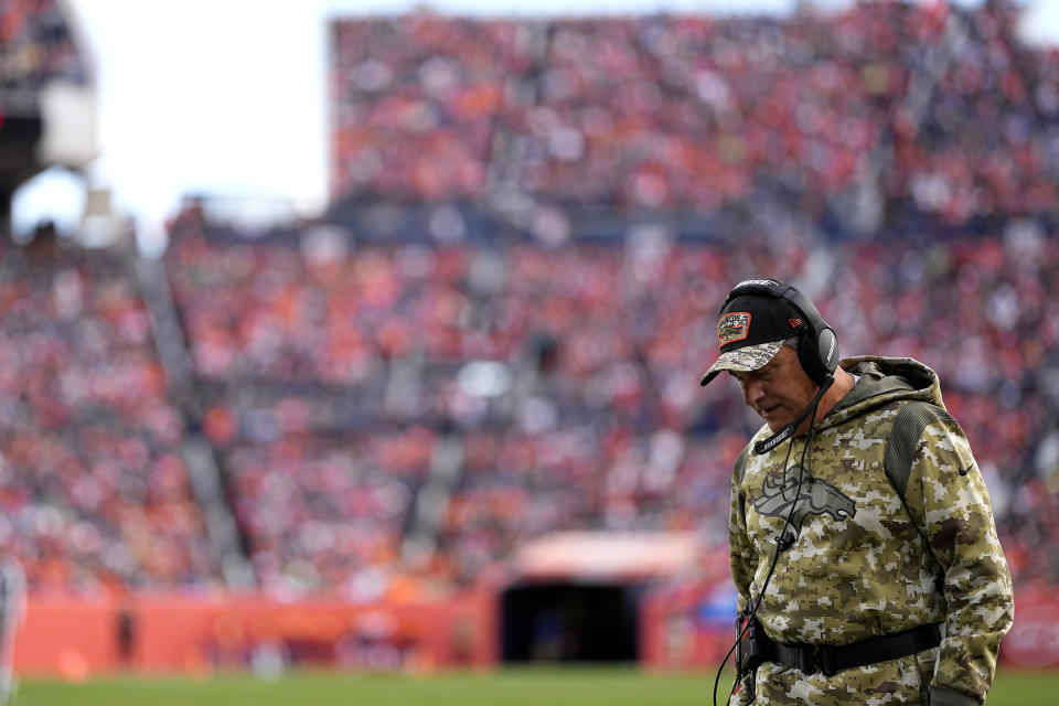 Denver Broncos head coach Vic Fangio walks the sidelines during the first half of an NFL football game against the Philadelphia Eagles, Sunday, Nov. 14, 2021, in Denver. (AP Photo/Jack Dempsey)