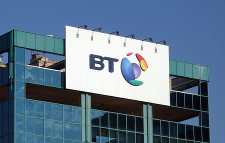 FILE PHOTO: The logo of BT is seen outside the headquarters in Milan, Italy January 24, 2017. REUTERS/Stefano Rellandini/File Photo