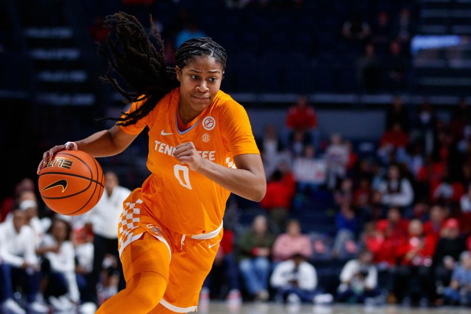 Lady Vols guard Jewel Spear dribbles the ball during Tennessee's game against Ole Miss Rebels at The SJB Pavilion in Oxford, Mississippi on Jan. 28, 2024.