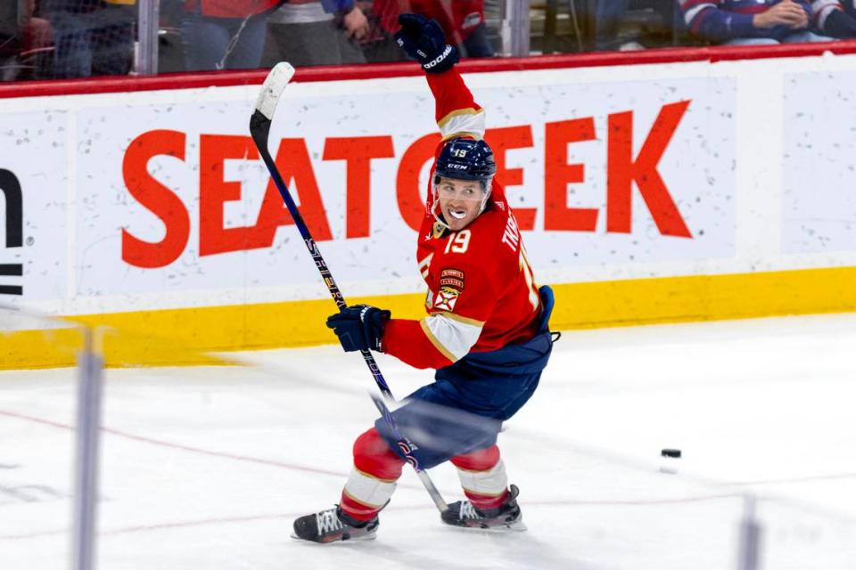Florida Panthers left wing Matthew Tkachuk (19) reacts after assisting on a goal during the third period of an NHL game at Amerant Bank Arena in Sunrise, Florida, on Friday, December 29, 2023.