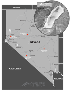 Figure 1 – Edwards Creek Valley relative to Tesla Gigafactory and Ameriwest holdings at Clayton and Railway valleys.