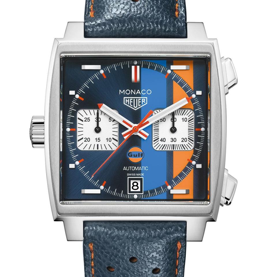 <p>Special Edition Gulf </p><p><a class="link " href="https://go.redirectingat.com?id=127X1599956&url=https%3A%2F%2Fwww.mrporter.com%2Fen-gb%2Fmens%2Fproduct%2Ftag-heuer%2Fluxury-watches%2Faviation-watches%2Fmonaco-gulf-edition-automatic-39mm-steel-and-leather-watch-ref-no-caw211rfc6401%2F666467151991697&sref=https%3A%2F%2Fwww.esquire.com%2Fuk%2Fwatches%2Fg33457947%2Ftag-heuer-watches-men%2F" rel="nofollow noopener" target="_blank" data-ylk="slk:SHOP;elm:context_link;itc:0;sec:content-canvas">SHOP</a></p><p>The square watch whose deathless appeal rests, to no small degree, on its association with Steve McQueen, who wore one in the 1970 film Le Mans. This limited edition was released in 2018 to commemorate the 50th anniversary of the Le Mans endurance race, the navy dial with blue/ orange stripes being a reference to the livery of the winning Ford GT40. </p><p>£4,750; <a href="https://www.mrporter.com/en-gb/mens/product/tag-heuer/luxury-watches/aviation-watches/monaco-gulf-edition-automatic-39mm-steel-and-leather-watch-ref-no-caw211rfc6401/666467151991697" rel="nofollow noopener" target="_blank" data-ylk="slk:mrporter.com;elm:context_link;itc:0;sec:content-canvas" class="link ">mrporter.com</a><br></p>