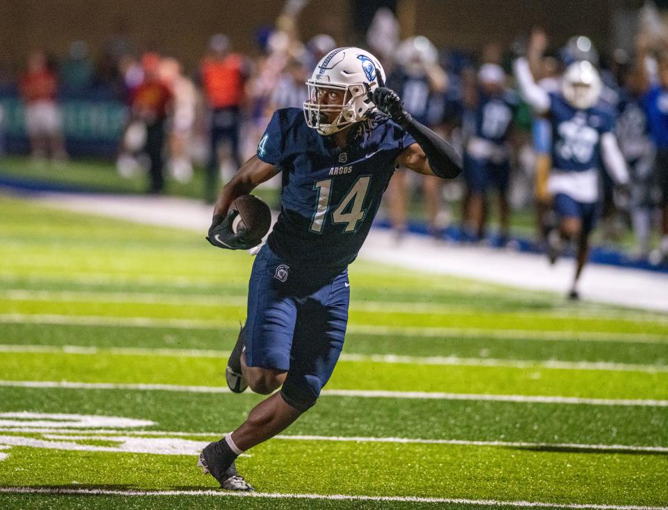 West Florida's Ralph Ortiz runs down field for the touchdown during the Gulf South Conference opener against West Georgia at Pen Air Field at the University of West Florida Saturday, September 23, 2023.