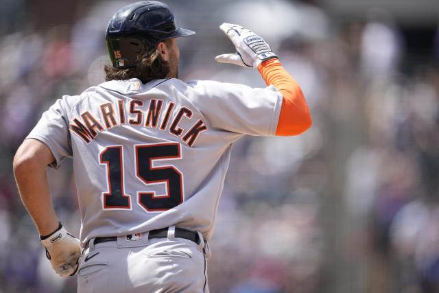 Detroit Tigers center fielder Jake Marisnick (15) prepares for the game  against the Colorado Rockies. The