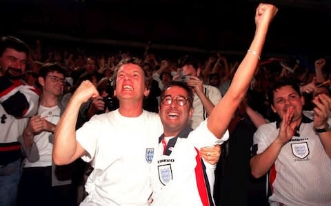 Baddiel and Skinner celebrating England qualifying for the World Cup in 1998 - Credit: PA