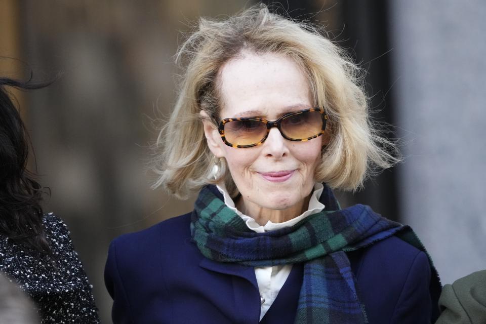 FILE - E. Jean Carroll leaves Manhattan federal court, Monday, Oct. 23, 2023, in New York. (AP Photo/Frank Franklin II, File)