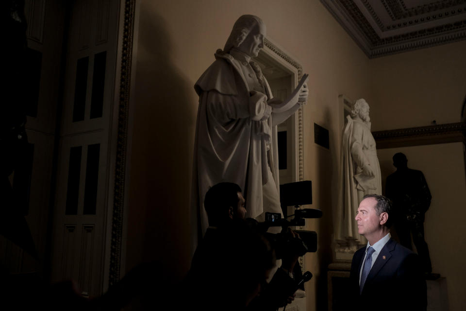 House Democrats’ lead impeachment manager Rep. Adam Schiff speaks to a reporter before the Senate trial vote at the Capitol in Washington, D.C., on Feb. 5, 2020. | Gabriella Demczuk for TIME
