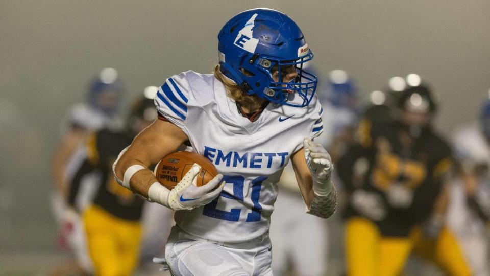 Emmett senior wide receiver Isaac Brennan turns the corner in a 4A state quarterfinal game at Bishop Kelly on Nov. 3.